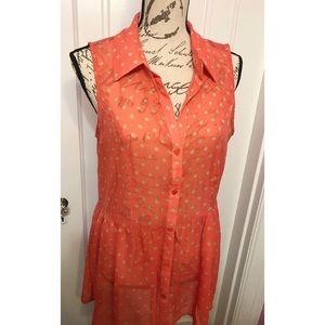 Sleeveless Sheer Orange Polka Dot Button Blouse